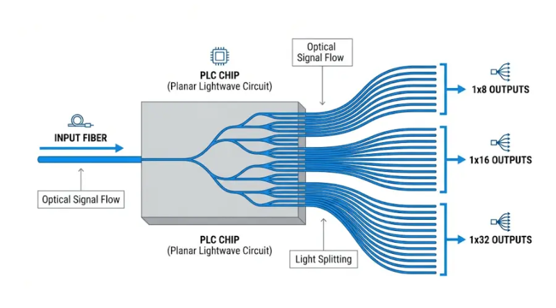 A clean technical diagram of how a PLC splitter works, showing one input optical fiber entering a planar lightwave circuit chip and splitting into multiple output fibers such as 1x8, 1x16, and 1x32, labeled signal flow arrows, minimal white background, blue and gray technical style, professional telecom infographic, high clarity, landscape A clean technical diagram of how a PLC splitter works, showing one input optical fiber entering a planar lightwave circuit chip and splitting into multiple output fibers such as 1x8, 1x16, and 1x32, labeled signal flow arrows, minimal white background, blue and gray technical style, professional telecom infographic, high clarity, landscape