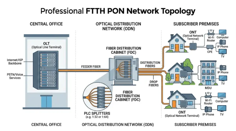 PLC splitter deployment in FTTH PON network between OLT and multiple ONT endpoints PLC splitter deployment in FTTH PON network between OLT and multiple ONT endpoints