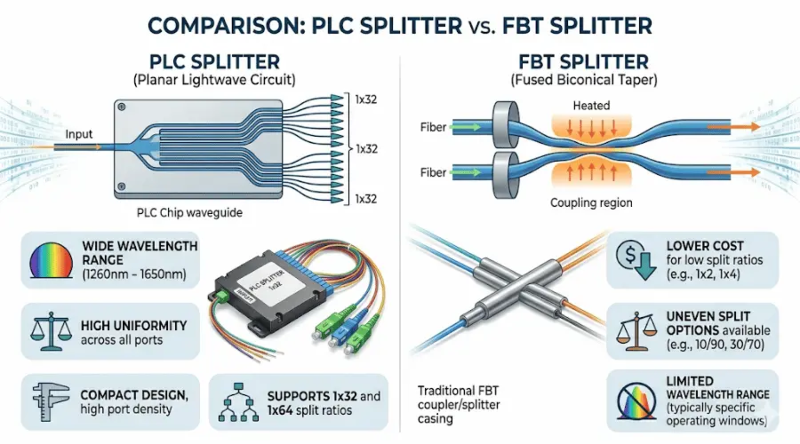 Comparison between PLC splitter and FBT splitter in fiber optic networks Comparison between PLC splitter and FBT splitter in fiber optic networks