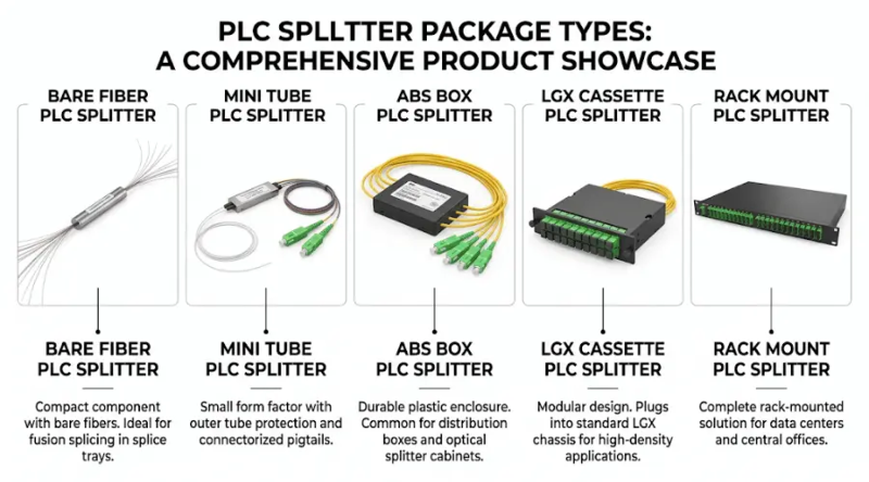 Common PLC splitter package types including bare fiber, ABS box, LGX cassette, and rack mount Common PLC splitter package types including bare fiber, ABS box, LGX cassette, and rack mount