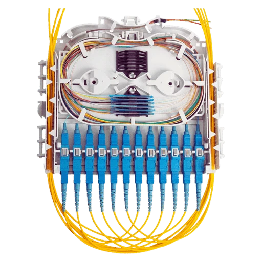 fiber optic pigtail fusion spliced inside ODF splice tray with organized cable management fiber optic pigtail fusion spliced inside ODF splice tray with organized cable management