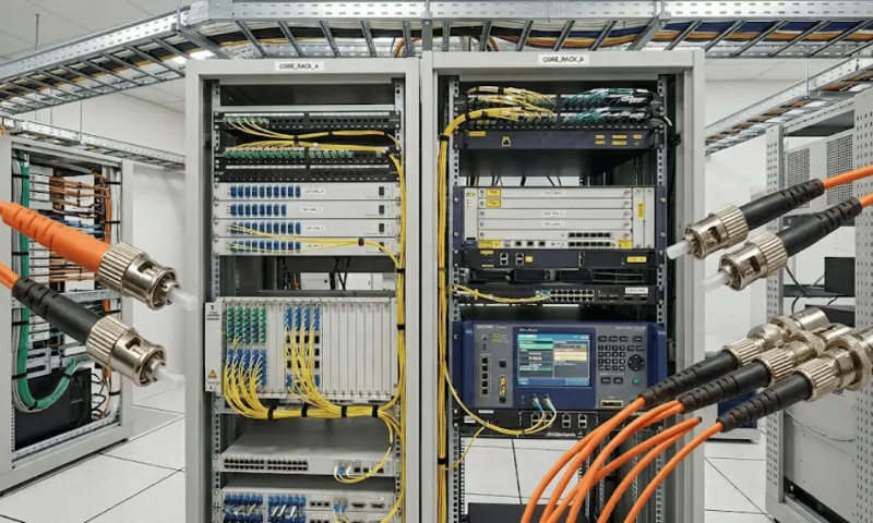 Labeled internal components of an optical distribution frame including splice trays, adapter panels, cable entry, routing guides, and slack storage Labeled internal components of an optical distribution frame including splice trays, adapter panels, cable entry, routing guides, and slack storage