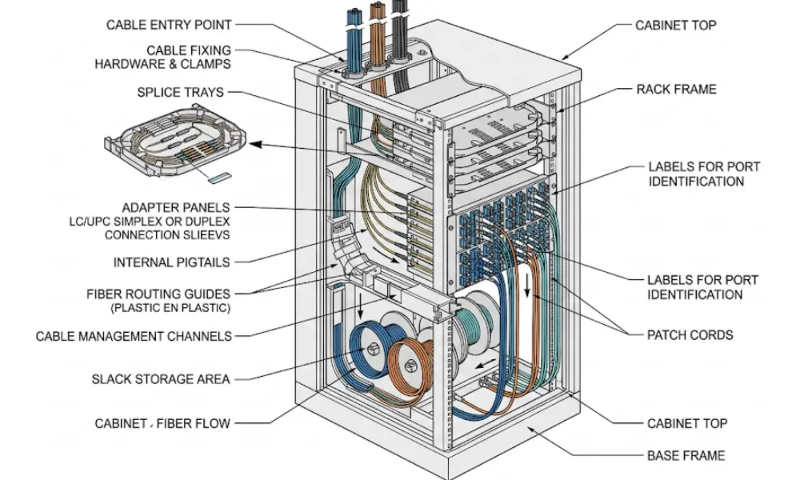 Workflow of an optical distribution frame showing cable entry, splicing to pigtails, adapter panel connection, and patching to active equipment Workflow of an optical distribution frame showing cable entry, splicing to pigtails, adapter panel connection, and patching to active equipment