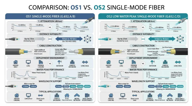 OS1 vs OS2 single mode fiber comparison infographic showing attenuation, distance, cable construction, and application differences OS1 vs OS2 single mode fiber comparison infographic showing attenuation, distance, cable construction, and application differences