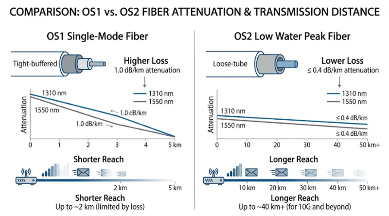 Attenuation and distance comparison between OS1 and OS2 fiber optic cable Attenuation and distance comparison between OS1 and OS2 fiber optic cable