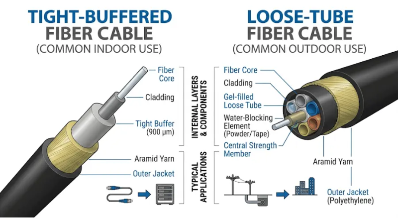 Tight-buffered vs loose-tube fiber cable construction diagram for single mode fiber applications Tight-buffered vs loose-tube fiber cable construction diagram for single mode fiber applications