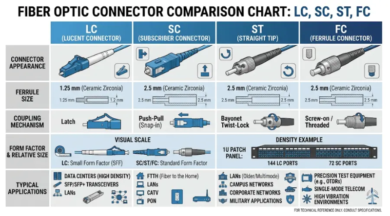 Comparison of LC, SC, ST, and FC fiber optic connectors by size and coupling mechanism Comparison of LC, SC, ST, and FC fiber optic connectors by size and coupling mechanism