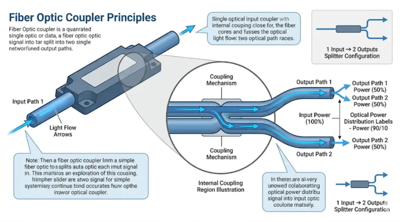Diagram showing how a fiber optic coupler splits one optical signal into multiple output paths Diagram showing how a fiber optic coupler splits one optical signal into multiple output paths