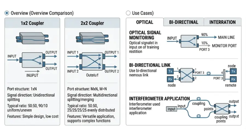 Comparison of 1x2 and 2x2 fiber optic couplers with signal flow and use cases Comparison of 1x2 and 2x2 fiber optic couplers with signal flow and use cases
