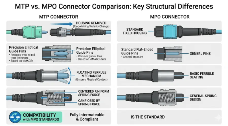 Visual comparison between MTP and MPO fiber optic connectors showing key structural and performance differences Visual comparison between MTP and MPO fiber optic connectors showing key structural and performance differences