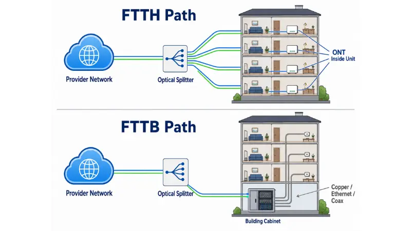 Last segment bottleneck comparison between FTTH full fiber path and FTTB internal building wiring Last segment bottleneck comparison between FTTH full fiber path and FTTB internal building wiring