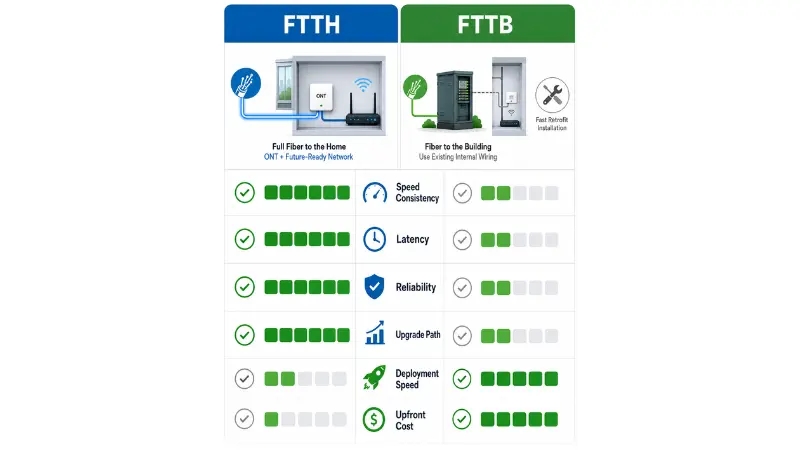 FTTH and FTTB comparison across speed consistency latency reliability upgrade path deployment speed and upfront cost FTTH and FTTB comparison across speed consistency latency reliability upgrade path deployment speed and upfront cost