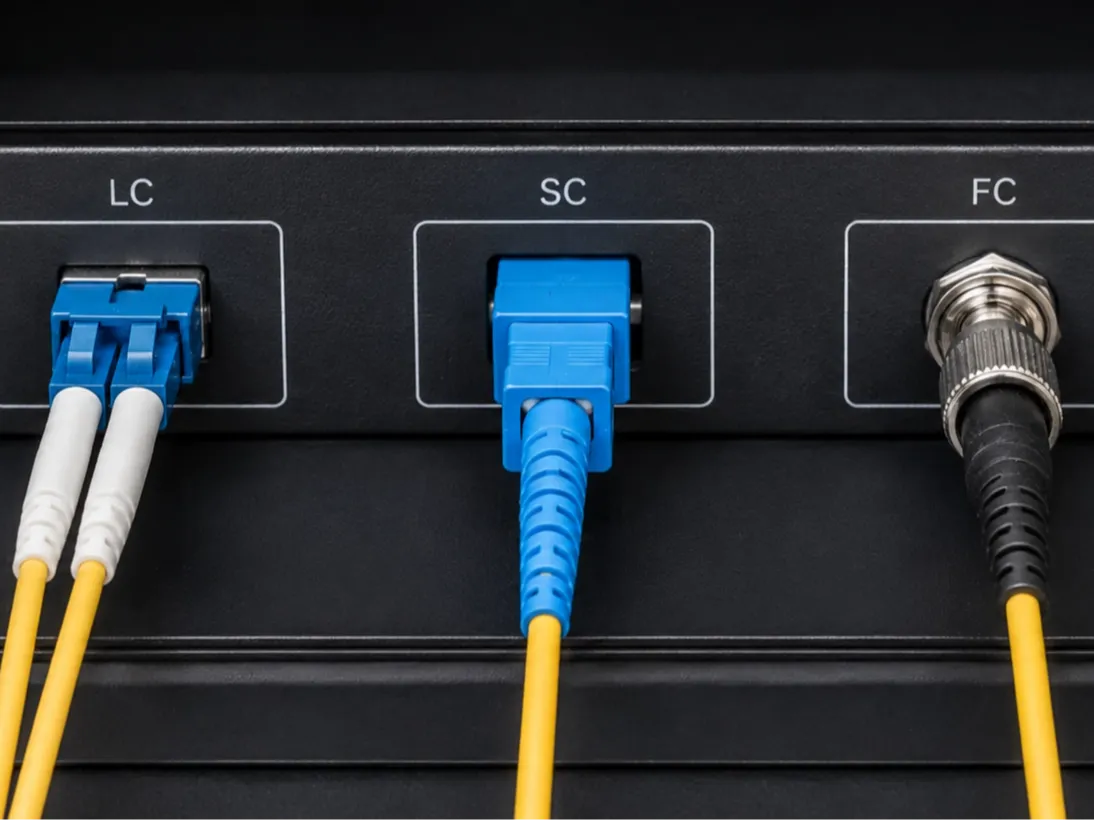 Fiber pigtail connector compatibility verification showing LC, SC, and FC optical cables connected to equipment port interfaces in a network enclosure