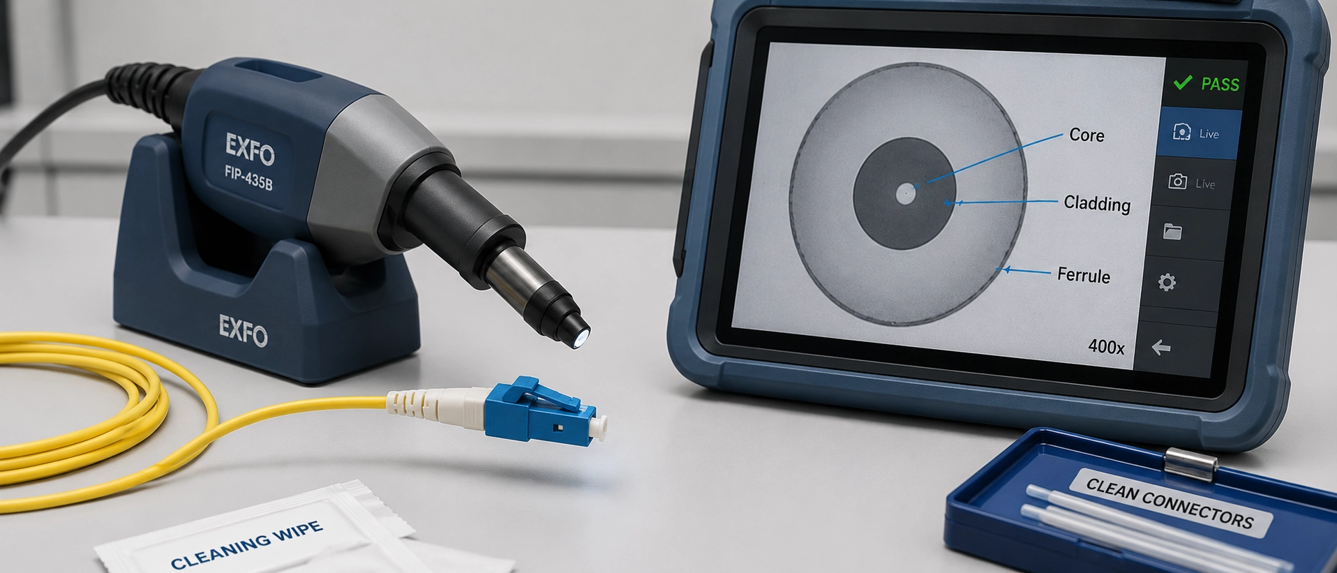 Pre-connection verification and inspection of optical fiber pigtail connector end-face geometry using standard test equipment Pre-connection verification and inspection of optical fiber pigtail connector end-face geometry using standard test equipment