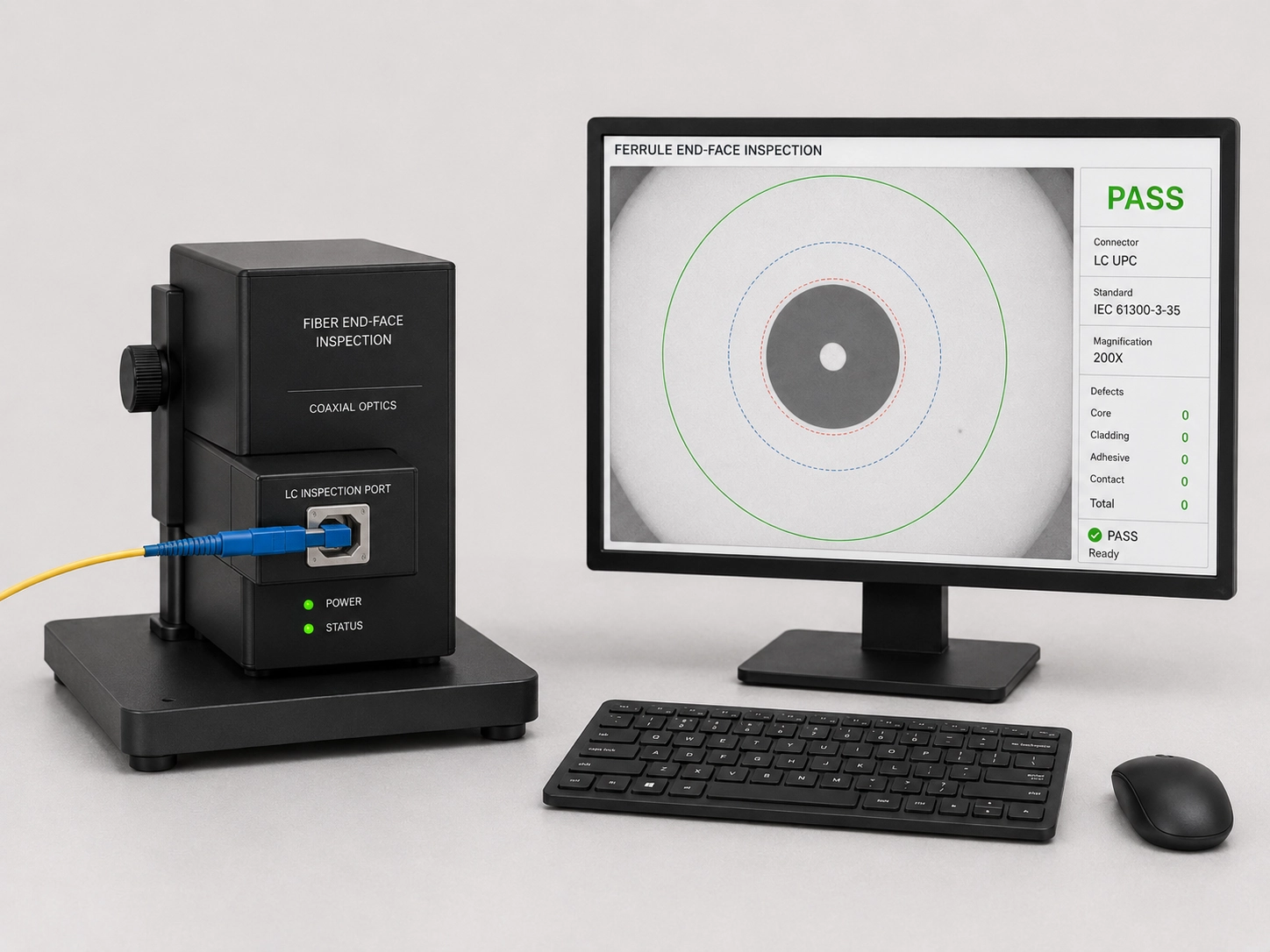 Digital optical inspection system and video microscope setup for fiber connector ferrule inspection and automated pass fail visual analysis Digital optical inspection system and video microscope setup for fiber connector ferrule inspection and automated pass fail visual analysis