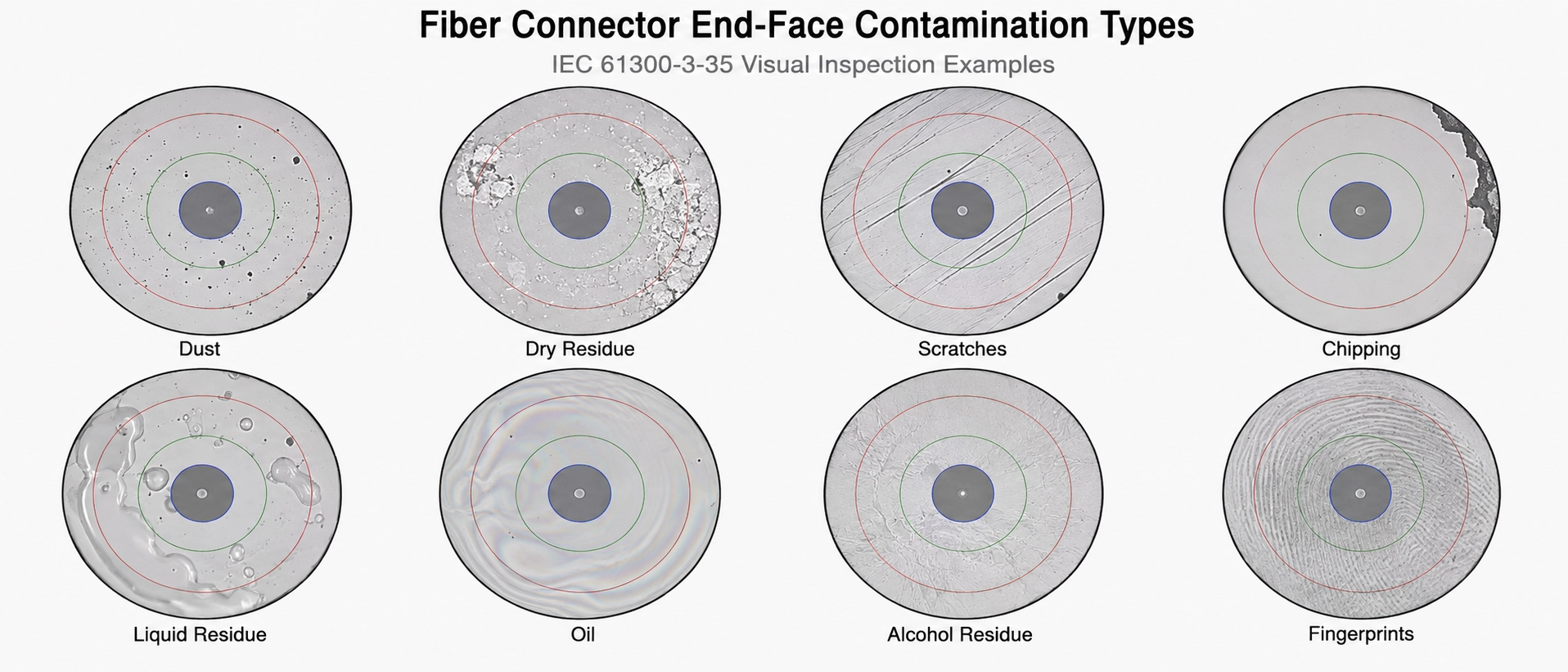 High resolution microscopic view showing fiber optic connector end face contamination types including dust, dry residue, scratches, chipping, liquid residue, oil, alcohol residue, and fingerprints compliant with IEC 61300-3-35 visual inspection standards