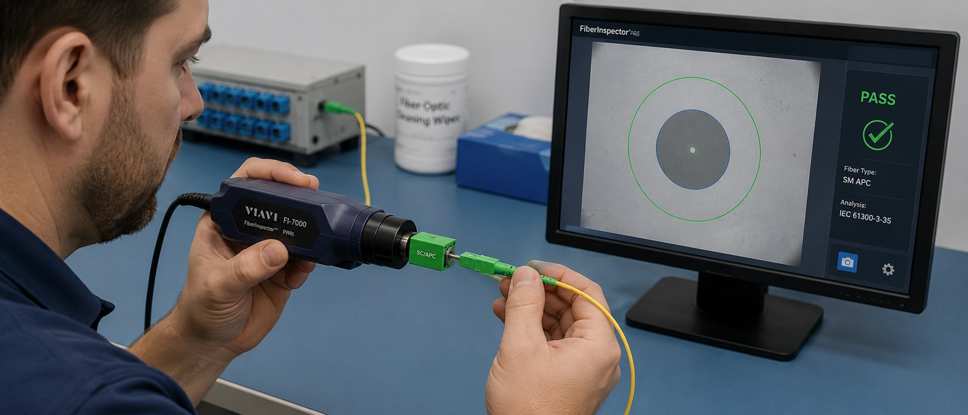 Technician inspecting green SC APC fiber optic pigtail connector ferrule using high magnification optical inspection probe adapter