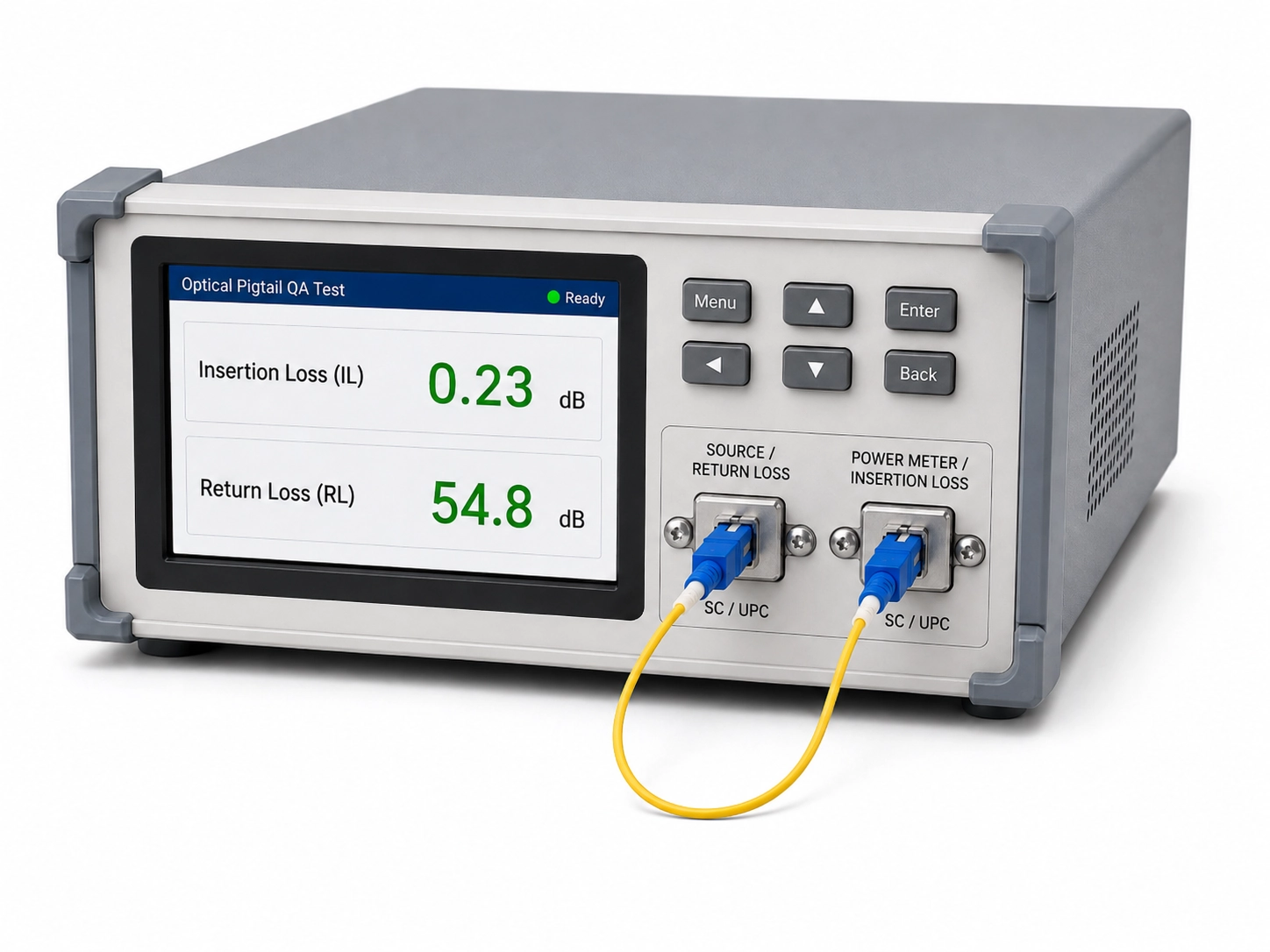 Optical fiber connector insertion loss and return loss tester instrument used for optical pigtail testing and quality assurance