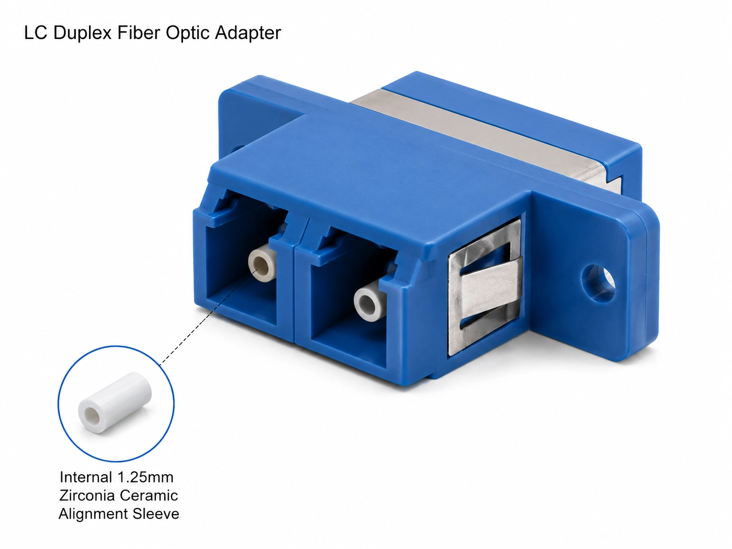 LC duplex fiber optic adapter featuring 1.25mm ferrule zirconia ceramic alignment sleeve for high density patch panels