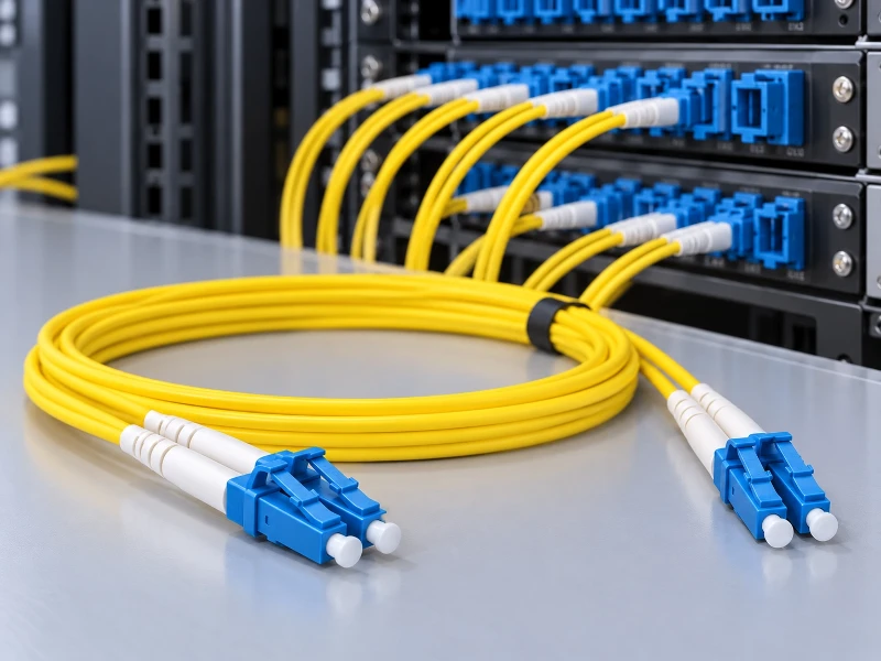 Fiber optic patch cables single mode with yellow OS2 duplex fiber jackets and blue LC UPC connectors for enterprise data center and telecom patch panel connections Fiber optic patch cables single mode with yellow OS2 duplex fiber jackets and blue LC UPC connectors for enterprise data center and telecom patch panel connections