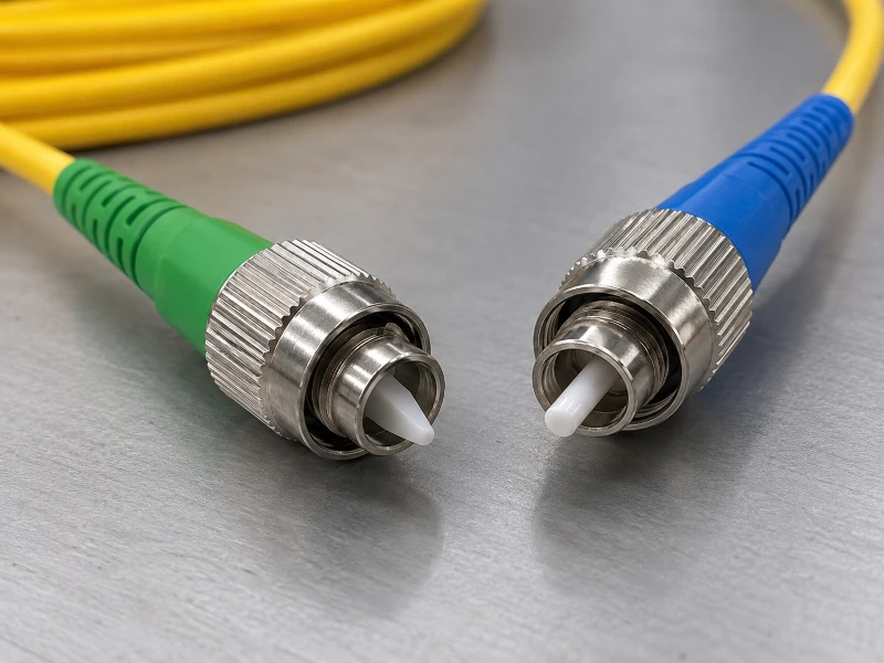 Real photograph of FC fiber optic patch cord connectors with green FC/APC and blue FC/PC ends, showing threaded metal coupling housings and connector geometry relevant to FC connector polish selection Real photograph of FC fiber optic patch cord connectors with green FC/APC and blue FC/PC ends, showing threaded metal coupling housings and connector geometry relevant to FC connector polish selection