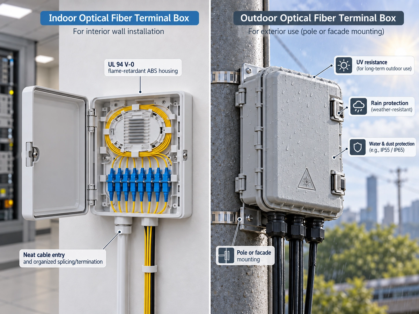 Indoor vs Outdoor Optical Fiber Terminal Box: Key Differences in IP Rating an...