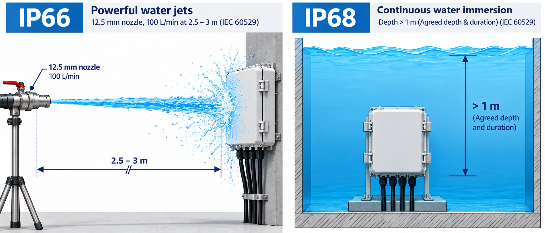 Diagram comparing IEC 60529 IP66 powerful water jet testing with a 12.5 mm nozzle versus IP68 continuous water immersion testing for outdoor optical fiber terminal boxes Diagram comparing IEC 60529 IP66 powerful water jet testing with a 12.5 mm nozzle versus IP68 continuous water immersion testing for outdoor optical fiber terminal boxes