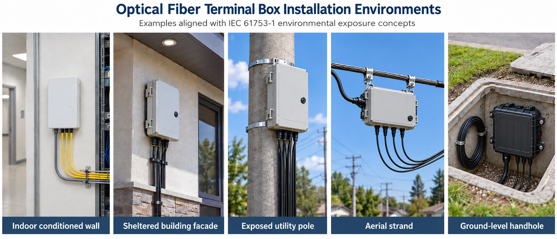 Optical fiber terminal box installation environments showing indoor conditioned walls, sheltered building facades, exposed utility poles, aerial strands, and ground-level handholes per IEC 61753-1 Optical fiber terminal box installation environments showing indoor conditioned walls, sheltered building facades, exposed utility poles, aerial strands, and ground-level handholes per IEC 61753-1