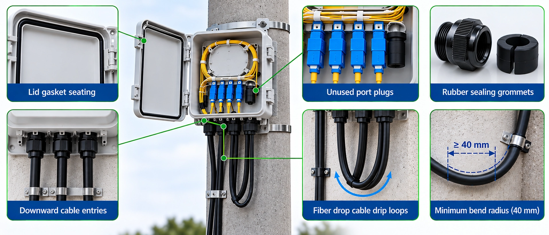 Outdoor optical fiber terminal box installation detail showing downward cable entries, fiber drop cable drip loops, rubber sealing grommets, unused port plugs, lid gasket seating, and 40 mm minimum bend radius routing Outdoor optical fiber terminal box installation detail showing downward cable entries, fiber drop cable drip loops, rubber sealing grommets, unused port plugs, lid gasket seating, and 40 mm minimum bend radius routing