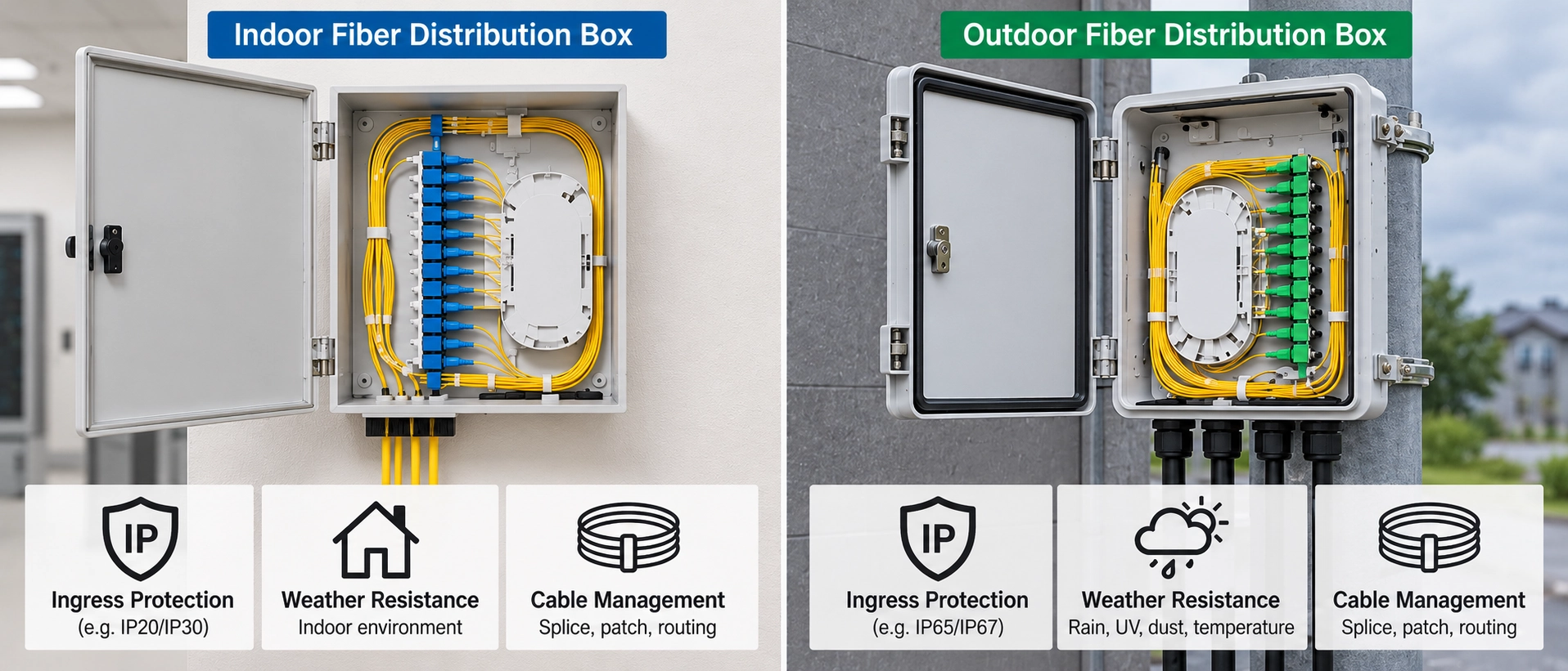 Indoor vs outdoor fiber distribution box enclosure verification for ingress protection, weather resistance, and cable management Indoor vs outdoor fiber distribution box enclosure verification for ingress protection, weather resistance, and cable management