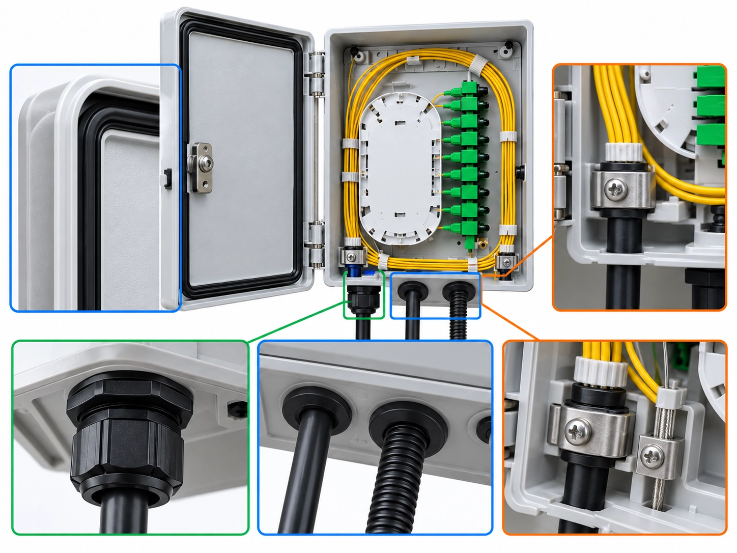 Cable entry seals, rubber grommets, mechanical retention clamps, and weatherproofing gasket interface on fiber distribution box Cable entry seals, rubber grommets, mechanical retention clamps, and weatherproofing gasket interface on fiber distribution box