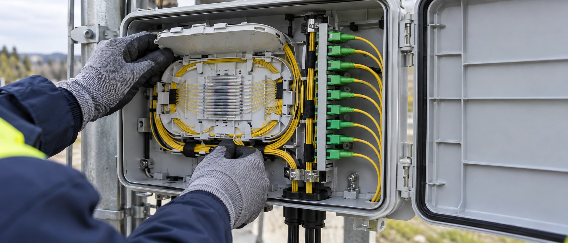 Internal fiber optic splice tray and adapter routing layout inside a re-enterable distribution box enclosure during technician maintenance Internal fiber optic splice tray and adapter routing layout inside a re-enterable distribution box enclosure during technician maintenance