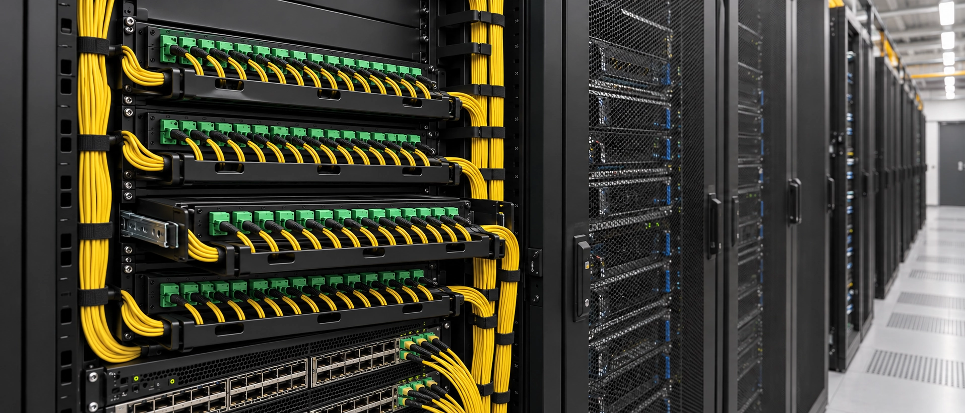 High-density fiber optic cable management and patch panels installed in an AI data center server rack row High-density fiber optic cable management and patch panels installed in an AI data center server rack row
