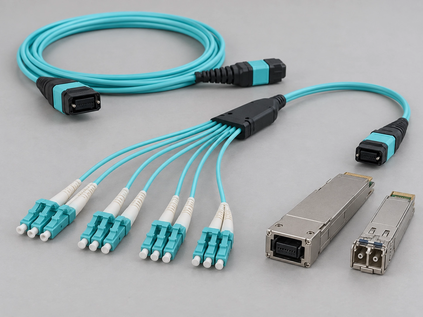 MPO MTP multi-fiber trunk cables and LC breakout connectors for high-density optical fiber transceivers MPO MTP multi-fiber trunk cables and LC breakout connectors for high-density optical fiber transceivers